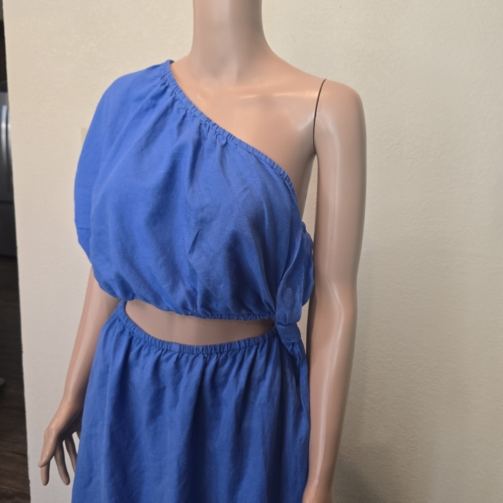 Farm Rio Copacabana Women's Blue Tie Knot One Shoulder Cutout Midi Dress Size M - Picture 4 of 16